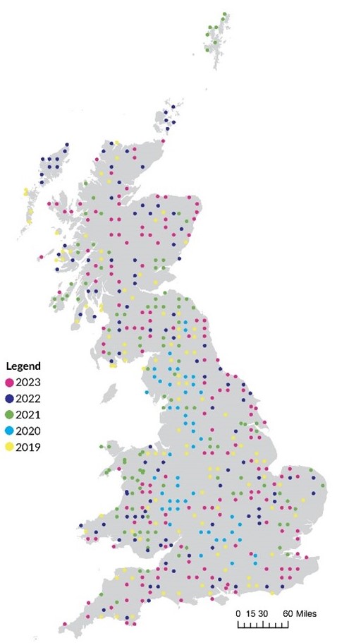 Map of Great Britain with coloured dots overlaid.