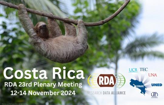 Photo of a sloth overlaid with details of the RDA 23rd Plenary meeting