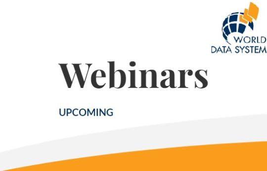 Graphic with World Data System logo and text 'Webinars UPCOMING'
