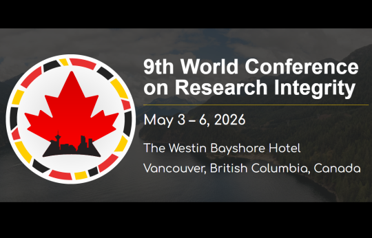Circular logo of red maple leaf on white background, with Vancouver skyline in black within the leaf. Leaf is circled by red, yellow, and black shapes forming a border.