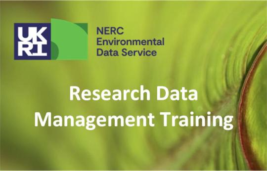 Stock image of a leaf overlaid with the NERC logo and the words 'Research Data Management Training'