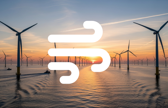 wind icon in front of an image of an offshore wind farm