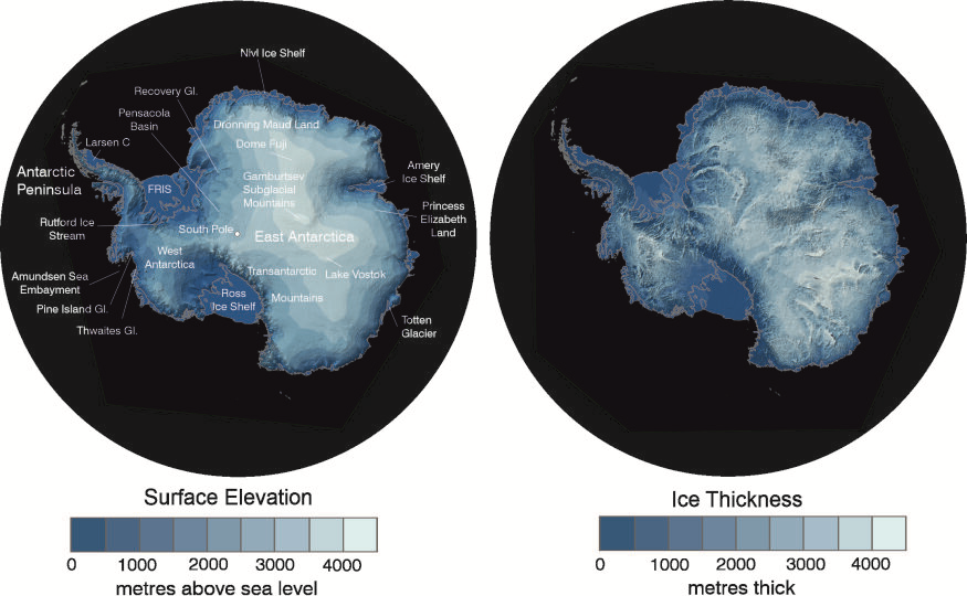 Two maps of Antarctica showing surface elevation and ice thickness