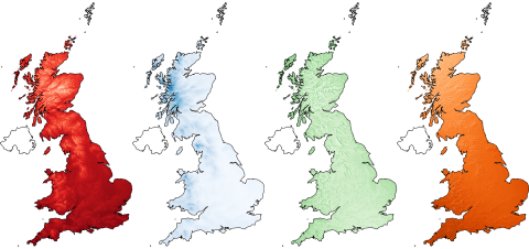 Four coloured pictures of the UK