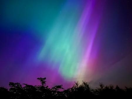 Photo of green and purple aurora over night-time horizon