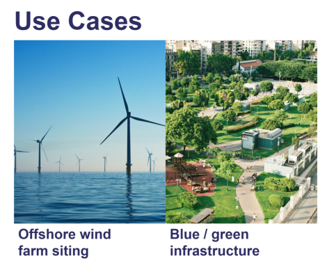 Stock imagery of an offshore windfarm and urban greenspace.